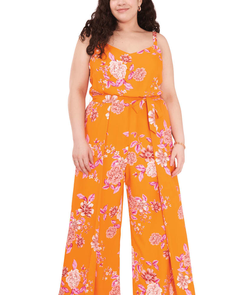 Front of a model wearing a size 1X Jade Tie Waist Jumpsuit in SUNSET ORNG by Vince Camuto. | dia_product_style_image_id:261224